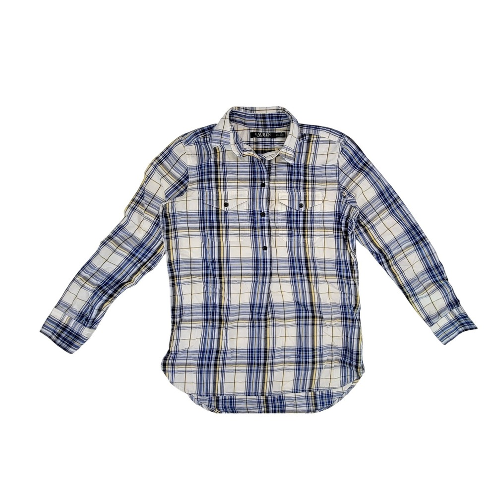 Lauren Ralph‎ Lauren Plaid Long Sleeve Button Up Shirt Women's XS Blue White